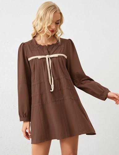 Women Flowy Long Puff Sleeve Mini Dress Casual Square Neck Lace Embroidered Babydoll Dress Bow Tie A-line Tunic Dress2