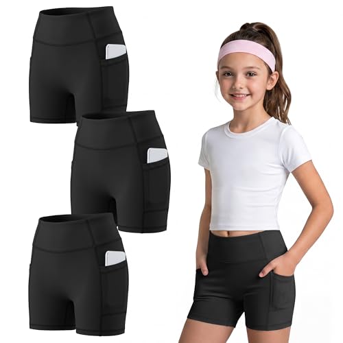Vinsatin 3 Pack Girls Biker Shorts with Pockets Kids Volleyball Cheer Dance Athletic Yoga Shorts for Gymnastics Running(5-6 Years Black Black Black)