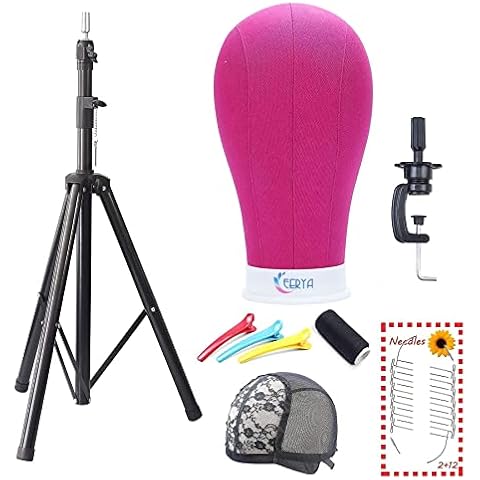 Eerya 22 Inch Wig Head Rosy Canvas Block Head with Tripod Stand Set Wig Head Stand for Making Wigs Display Styling Mannequin Head with Wig Stand Manikin Head Wig Stand Cover
