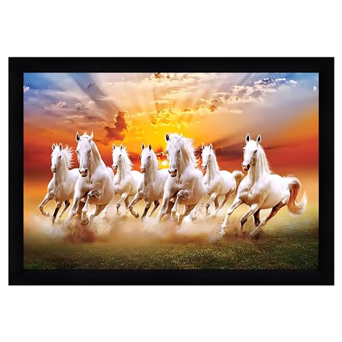 Image of Indianara Vastu Running Seven Horse Painting With Frame 20 Inches X 14 Inches (Style 3)