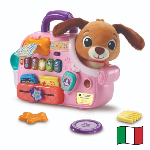 VTech Il Mio Cagnolino Trasportino, Peluche Interattivo con Borsetta Interattiva per Trasporto, 6 Accessori Inclusi, 2 Modalità, Spegnimento Automatico, Lingua Italiana, Batterie Incluse, 12-36 Mesi