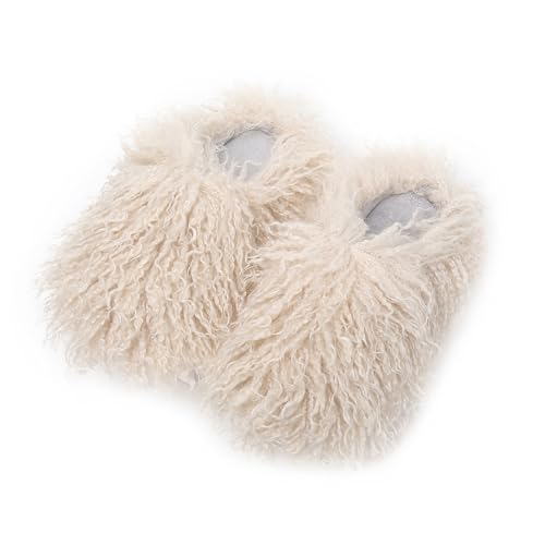 Image of Unisex Fuzzy Faux Fur Slippers, Women's Fluffy Long Hair Sheep Faux Fur Slip on Slides, Girls Luxury Big Fluffy Outdoor Flat Slippers, Long Curly Hair Non-Slip Warm Home Slide Shoes