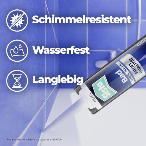 Sista Pattex Bad Profi-Qualität Sanitär Silikon, schimmelresistentes Sanitärsilikon für das Bad, wasserfestes Silikon für viele Materialien*, geruchsneutrale & langlebige Dichtmasse, 1x280ml, weiß