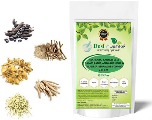 Akarkara Root, Kaunch Beej, Salam Panja, Ashwagandha & Musli Safed Powder Combo (200gm) | Energy,Power & Performance Booster for Men (One Month pack)