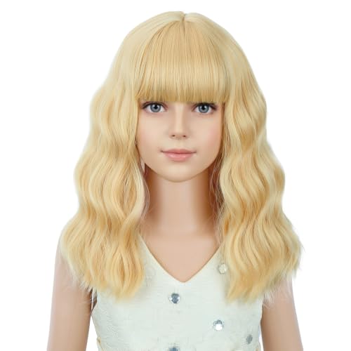 Image of PATTNIUM Light Blonde Wig for Kids Girls Short Butter Blond Curly Wigs with Bangs Shoulder Length Wavy Heat Resistant Synthetic Wig