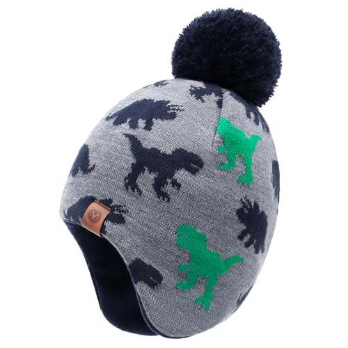 Duoyeree Kids Beanie Hat for Boys Girls Pom-pom Kint Hats Cozy Lining Winter Skull Cap,Dinosaur, 4T-7T