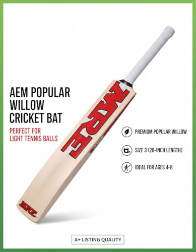 Image of AEM Himachal Willow Wooden Cricket Bat with Cover for Kids (Size 3 for 4-6 Year)
