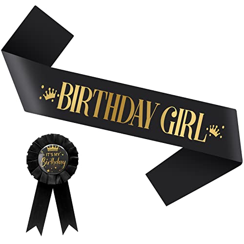 Birthday Girl Sash and Badge, Birthday Sash Party Favour Birthday Accessories with Birthday Badge for Women Girls - Black