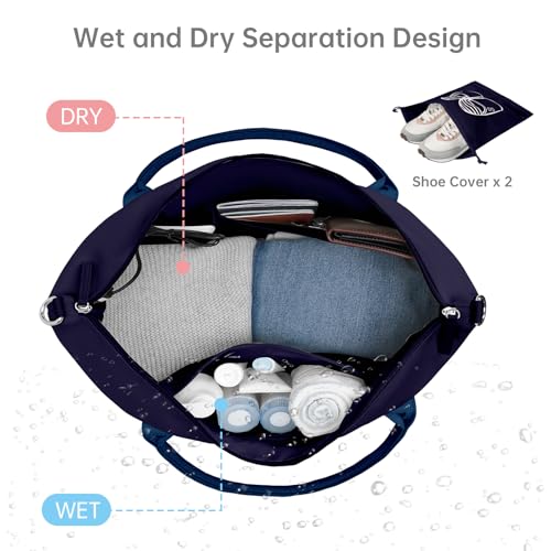 ETRONIK Weekender Bags for Women, Canvas Travel Bag 2 Pcs Set with USB Charging Port, Duffle Bag with Shoe Compartment, Carry on Overnight Bag for Women Travel, Dark Blue4