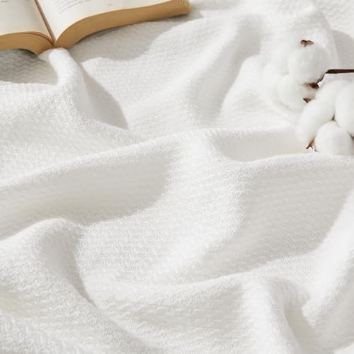 Bedsure GentleSoft 100% Cotton Blanket Queen Size for Bed - Cooling Breathable and Lightweight Soft Cozy Textured Herringbone Woven Blanket for Summer White 90x90 inches