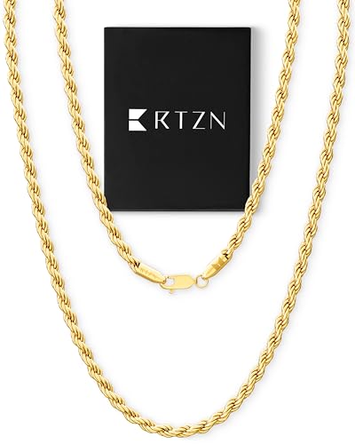 RTZN&reg; Gold Plated Rope Chain for Men &ndash; 3mm Mens Rope Chain Necklaces &ndash; Diamond-Cut Gold Plated...