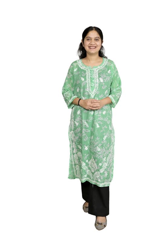Grace Collections Women’s Ethnic Hand Crafted Cotton Lucknowi Chikankari Kurti Self Print (White Thread Work)