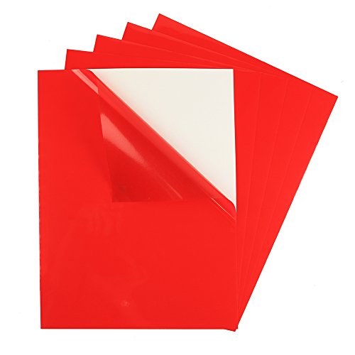 5 Pack - Impact Adhesive Backed Transparent Rigid Vinyl Film, Sticky Back Plastic Sheet Color Filter, Self Stick Overlay Sticker, Christmas Holiday Decorations, 9" x 12", Red