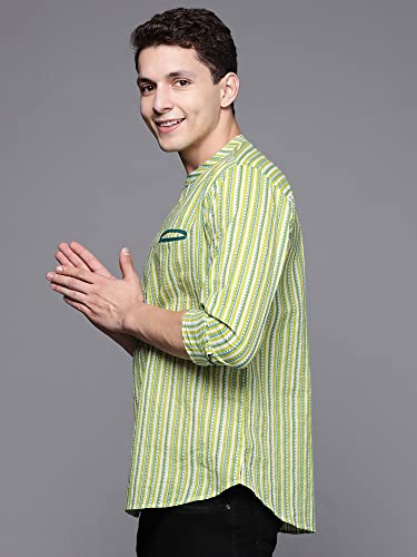 Image of INDO ERA Men's Cotton Straight Fit Printed Casual Straight Short Kurta (MKR0FG1209 Fluorescent Ready to Wear S to 2-)