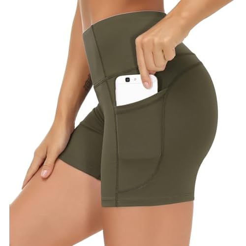 THE GYM PEOPLE High Waist Yoga Shorts for Women's Tummy Control Fitness Athletic Workout Running Shorts with Deep Pockets X-Large Charcoal Brown