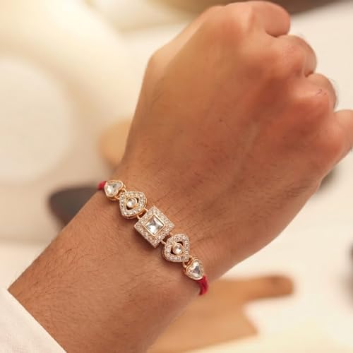 Image of Peora Om Shree Ram Swastik Rakhi for Brother Bhaiya | Crystal & Beads Studded | Red Thread | Raksha Bandhan Hamper with Roli Chawal Greeting Card