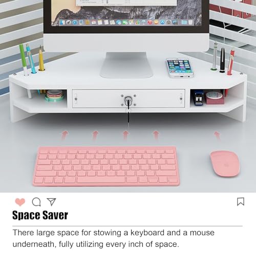 Support de moniteur triangulaire blanc à 2 niveaux avec tiroir