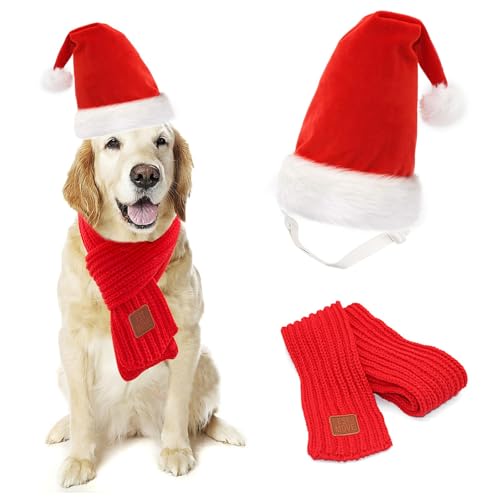 Mfsdai Christmas Dogs Costume Cat Santa Hat with Scarf Cute Adjustable Collar Bow Tie Pet Christmas Outfit Winter Neck Warmer for Kitten Puppy Cosplay Xmas Party Supplies（L）