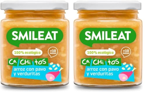 Smileat - Tarrito de Ca-Chi-Tos de Arroz con Pavo y Verduras - Ecológico, Sin Azúcar Añadido, Sin Sal, Sin Gluten, Sin Leche, Sin Huevos - Ideal para peques a Partir de 10 Meses - 230g (Paquete de 2)