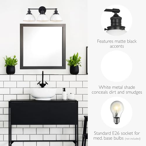 Image of Design House Savannah Rustic Farmhouse 3-Light Bathroom Vanity Light, Dimmable, Matte Black, White Metal Shade, 26 in x 9 in x 10.88 in, 588301