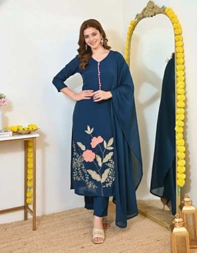 Image of ANNI Designer Women's Viscose Blend Embroidered Straight Kurta with Pant & Dupatta | Ethnic Kurta Set for Women | 3 /4 Sleeve Festive Traditional Dress | Office, Party & Daily Outfits Suit Set