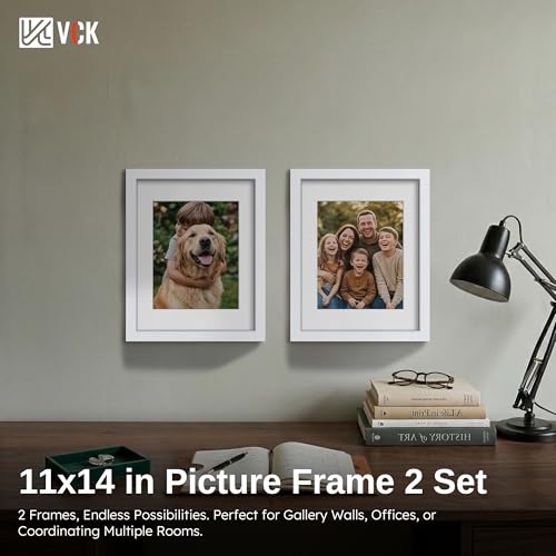 Image of VCK 11x14 Picture Frame 2 Pack, White Wood, 8x10 Mat, Glass, for Photo