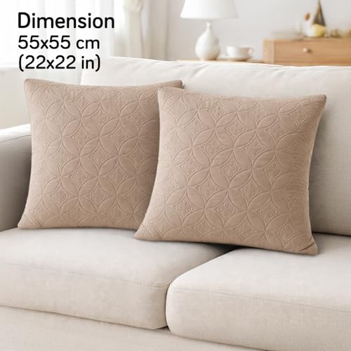 Image of HOKIPO 100% Leakproof Quilted Cushion Cover for Sofa 22x22 Inches, Set of 2, Swiss Coffee (AR-6281-CML*2)