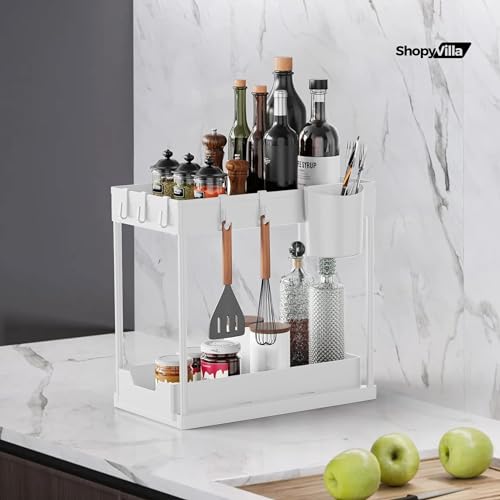 Image of Under Sink Organizers and Storage, Kitchen Bathroom Sink Organizer with Hooks, 2 Tier Under Sink Cabinet Basket Storage Shelf with Sliding Drawers (1, White)