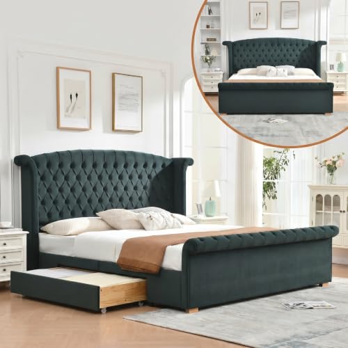 King Sleigh Bed with Storage, Green Velvet Deep Button Tufted Headboard