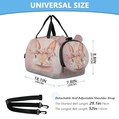 Rabbit Pink Floral Kids Travel Duffel Bag for Boys Girls Overnight Weekend Tote Bag with Shoes Compartment for Gym Sports Dance3