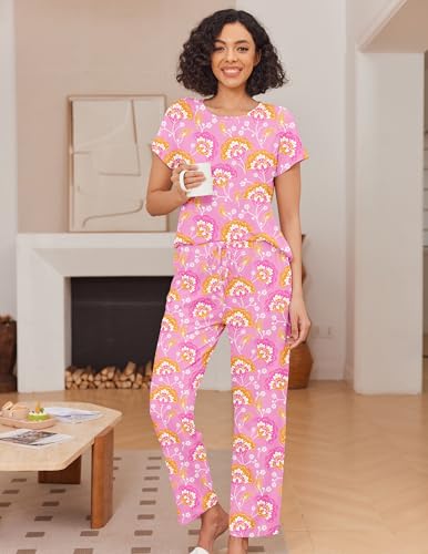 Image of Ekouaer Pajama Sets for Women Round Neck Pjs Short Sleeve Sleepwear with Long Pants Loose Lounge Sets