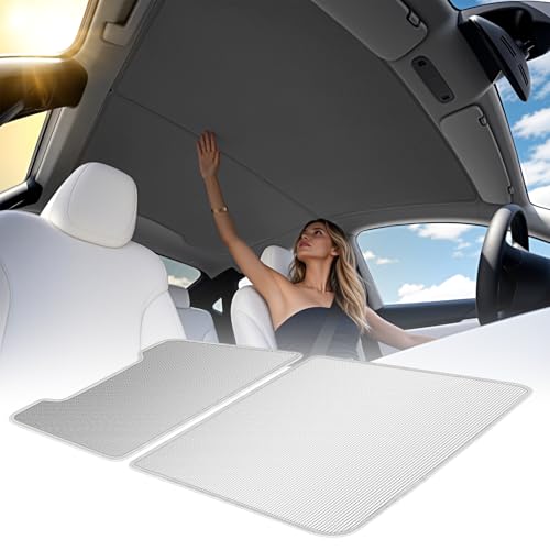 Nmoiss UPF50+ 99% UV Block Roof Sunshade for Tesla Model Y Juniper Accessories Ice Crystal Cooling Sun Shade with Reinforced Fixing Clips Reduce Heat & Save EV Battery Easy Install Sunroof Cover