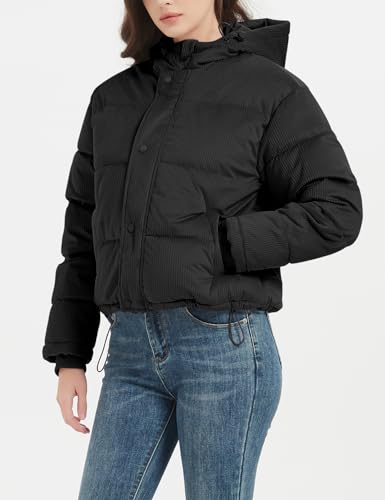 Flygo Puffer Jacket Womens Cropped Corduroy Hooded Winter Jackets Warm Quilted Long Sleeve Bubble Down Coats2