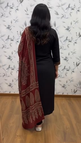 Image of GoSriKi Women's Rayon Viscose Straight Embroidered Kurta with Pant and Dupatta | V-Neck Kurti Set | 3 /4 Length Regular Sleeves | Soft Comfortable Fabric | 3 Piece Outfit