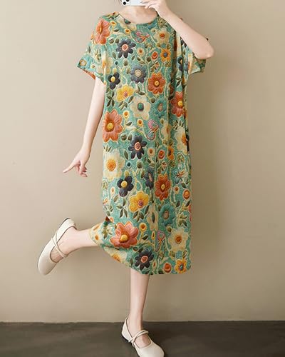 Image of LUZU JUNU Women's Summer Baggy Plus Size Loose Cotton Linen Long Boho Beach Dress with Pockets