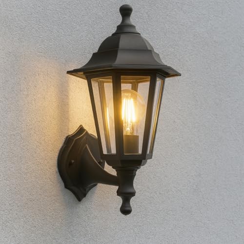 CGC Lighting Outdoor Wall Light Black Lantern Traditional Vintage Light Coastal Waterproof Weathproof E27 Mains Power