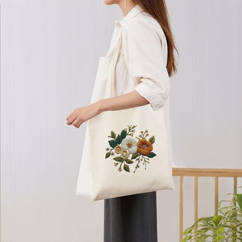 Image of Huacan Embroidery Canvas Bag Kits for Adults Beginner Stamped Flowers Pattern DIY Cross Stitch Printed Flower Stitching Sewing Kit