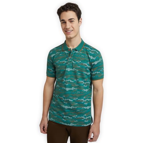 Image of Colorplus Men's Regular Fit Print Pattern Pure Cotton Half Sleeve Polo Neck Casual T-Shirt