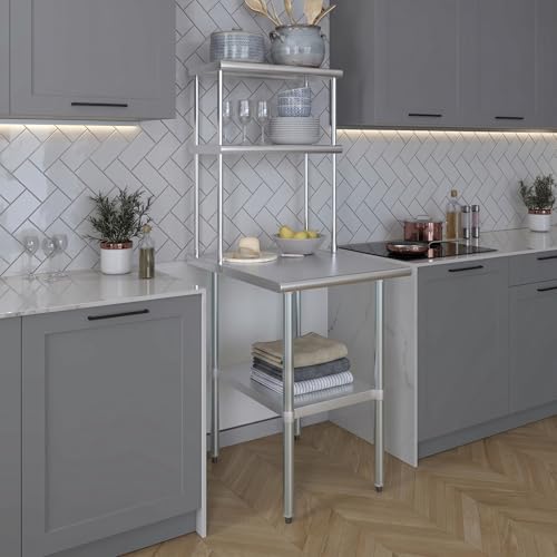 Image of AmGood Stainless Steel Work Table with 12 inch Wide Double Tier Overshelf | NSF (Stainless Steel Table with Double Overshelves, 24 inch Long x 30 inch Deep)