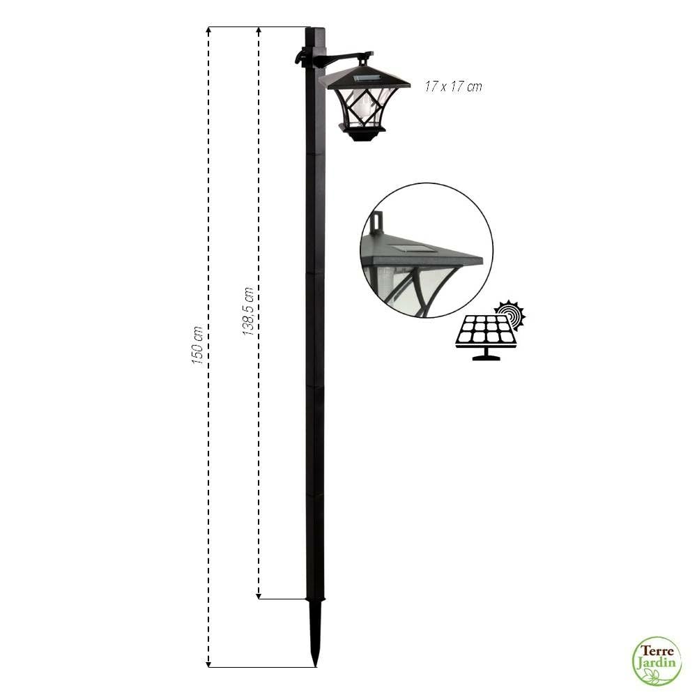 TERRE JARDIN - Lampadaire Solaire Exterieur, Noir 1,5 m - Lampe sur Pied Exterieur, LED 5 Lumens 0,03 W - Luminaire Extérieur LED, 2 Postions et 2 Niveaux - Lampadaire sur pied, Lanterne Classique