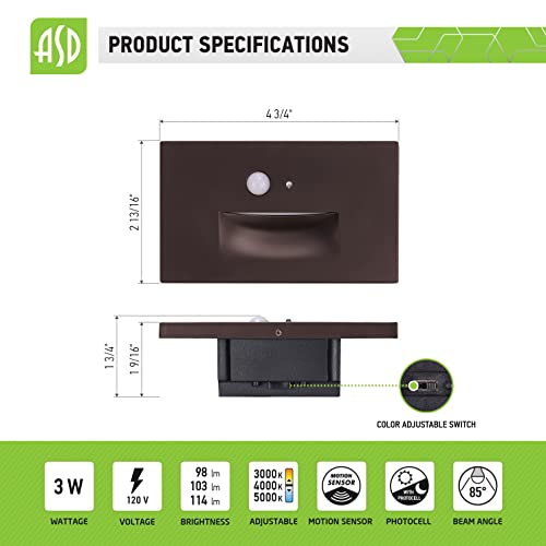 Asd Motion Sensor Stair Lights With Photocell, Indoor Outdoor Led Step Lights Waterproof, 3000K/ 4000K/ 5000K, 120V, Stainless Steel Body, 3W 114Lm, Etl Listed, 4 Pack #TOP2