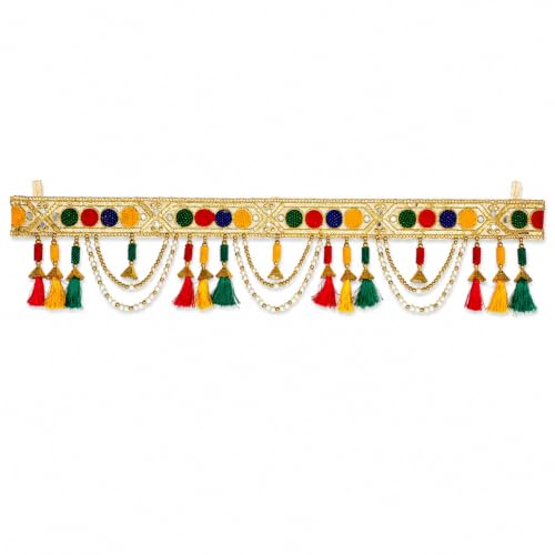 Image of ONESTA Premium Handmade Decorative Door Toran with Pearl & Pom Pom Hanging | Multicolor Traditional Bandarwal for Main Door, Mandir, Diwali & Home Decoration 3 Feei (Size 36 Inch Pack 01)