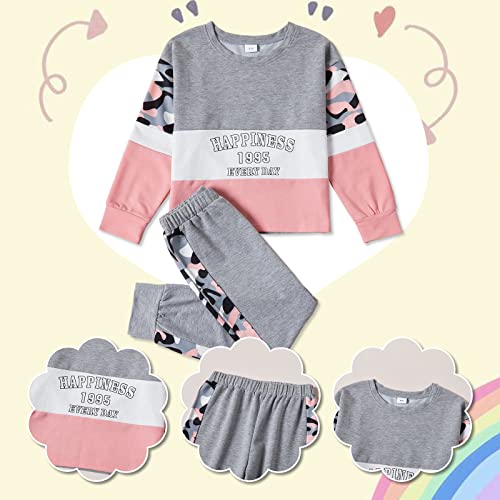 Patpat 2Pcs Kids Girls Outfits Letter Camouflage Print Colorblock Long Sleeve Sweatshirt Top And Pants Set Grey 9-10 Years #TOP1