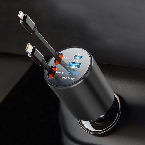 VIKNAN【車用電圧計搭載】 巻き取り式充電ケーブル 車 充電器 タイプc シガーソケット 4台同時充電可能 車載充電器 カーチャージャー 急速充電 電圧表示 12V/24V対応 iPhone/Android対応の商品画像（Amazon）