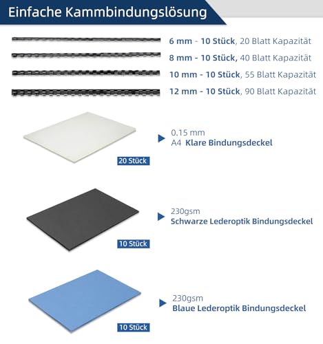 RAYSON Kammbinde-Set, 40 Binderücken (6, 8, 10, 12 mm), 20 Transparente Kunststoffeinband (150 Mikron), 10 Schwarze und 10 Blaue Deckblätter mit Ledertextur