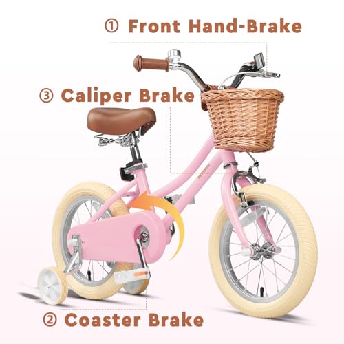 Image of Petimini Vintage Kids Bike for Girls, 12-20 Inch Classic Bicycle with Wicker Basket & Bell, High Tensile Steel Frame, Training Wheels (12-18 inch), 85% Pre-Assembled, Retro Bike for Outdoor Riding