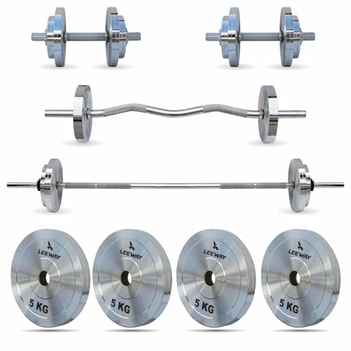 Image of Leeway Metal Home Gym Set 20 Kg Combo with Steel Weight Plates, 3Ft Curl Rod, 5Ft Straight Rod and Steel Dumbbell Set & Barbell | Full Body Workout Equipment for Home and Beginners (20kg Set (5X4))
