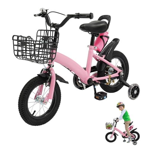 TONFEION Bicicleta infantil de 12 pulgadas con ruedas estabilizadoras, cesta y botella de agua (rosa)