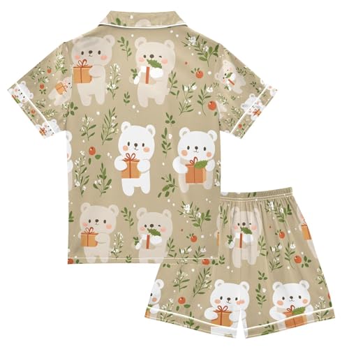 senya Bear Present with Flower Satin Summer Pajama Sets Silk Short Sleeve Button Down Sleepwear2