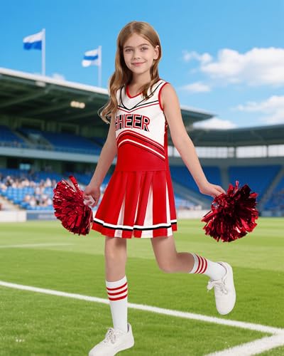 Cheerleader Costume for Girls 6-12 Years 7Pcs Cheer Uniform Set with Pom Poms Hair Bows Socks Cheerleading Outfit for School Sports Halloween Party